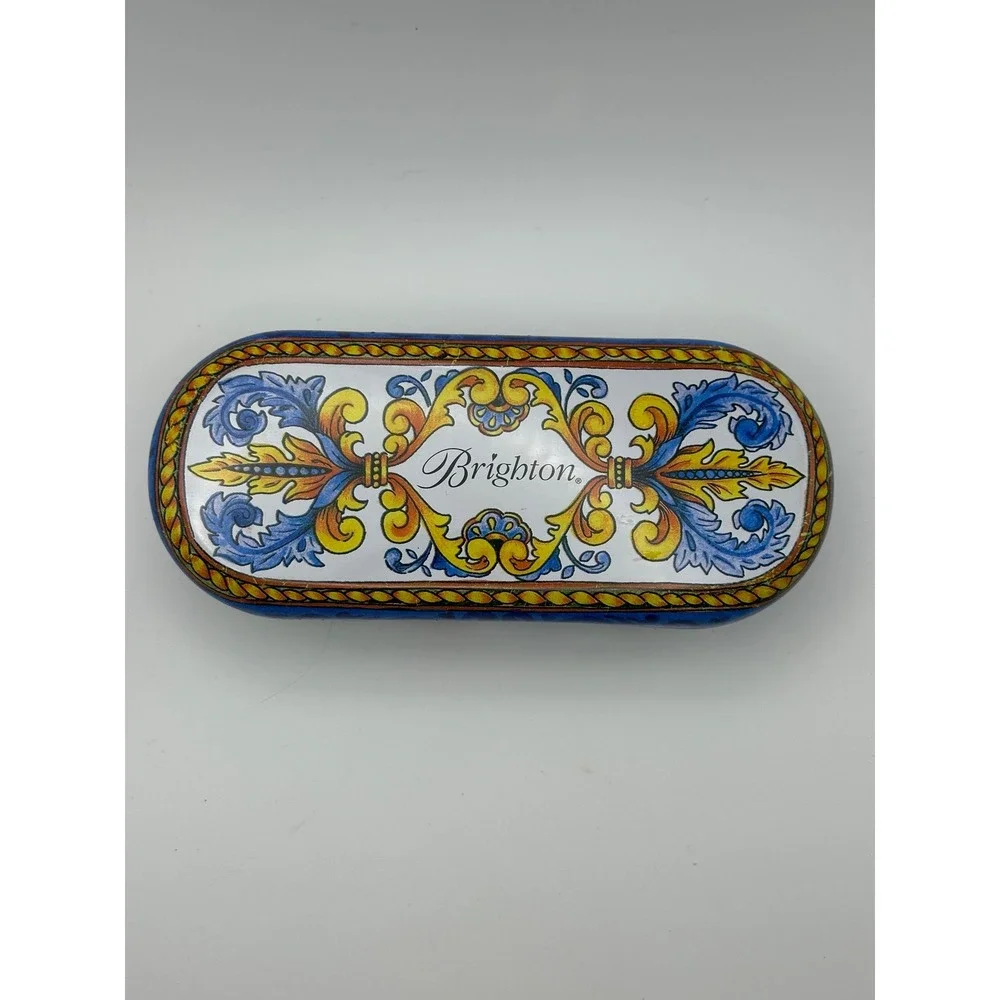 Brighton Hard Shell Sunglasses Case Blue Yellow Floral Scroll Metal Tin Eyewear